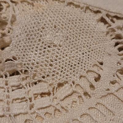 Lot 133: Antique Handmade Trim Round Table Top Tablecloth, Small Square Tablecloth and Table Runner