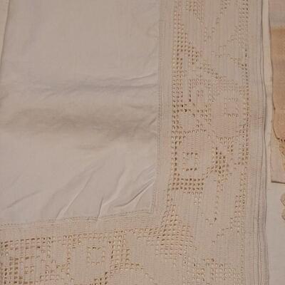 Lot 133: Antique Handmade Trim Round Table Top Tablecloth, Small Square Tablecloth and Table Runner