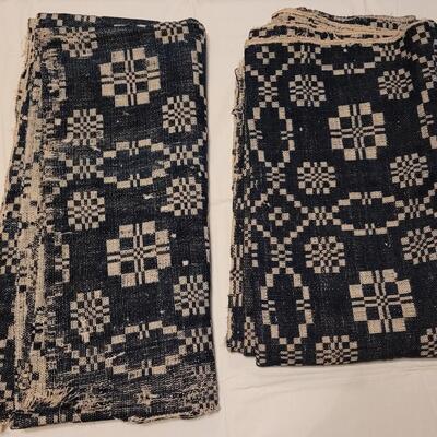 Lot 134: (2) Antique 19th Century Dark Blue & Aged White Jacquard Coverlet  92" Ã— 42"