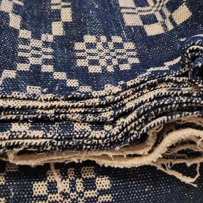 Lot 134: (2) Antique 19th Century Dark Blue & Aged White Jacquard Coverlet  92" Ã— 42"