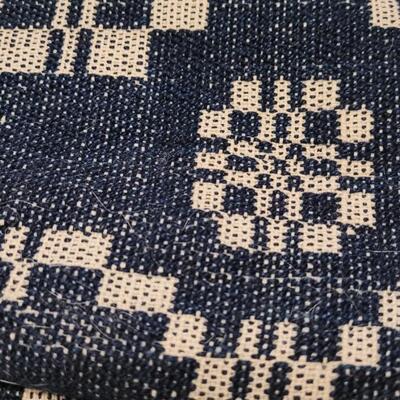 Lot 134: (2) Antique 19th Century Dark Blue & Aged White Jacquard Coverlet  92" Ã— 42"