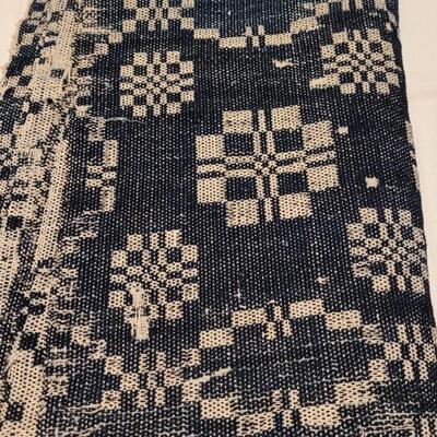Lot 134: (2) Antique 19th Century Dark Blue & Aged White Jacquard Coverlet  92" Ã— 42"