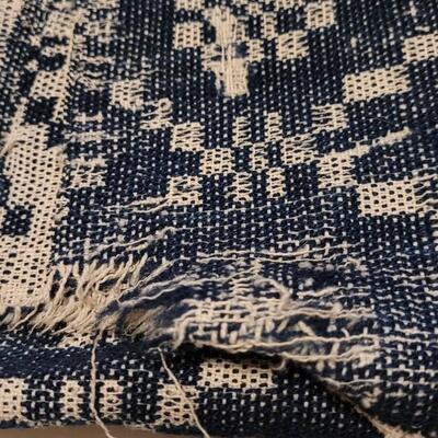 Lot 134: (2) Antique 19th Century Dark Blue & Aged White Jacquard Coverlet  92" Ã— 42"