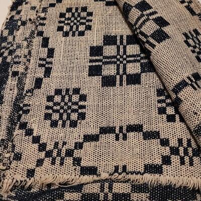 Lot 134: (2) Antique 19th Century Dark Blue & Aged White Jacquard Coverlet  92" Ã— 42"