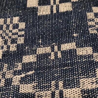 Lot 134: (2) Antique 19th Century Dark Blue & Aged White Jacquard Coverlet  92" Ã— 42"