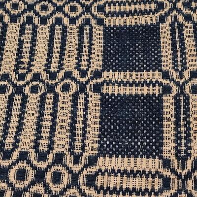 Lot 140: Antique 19th Century Dark Blue and Aged White Jacquard Coverlet