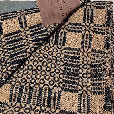 Lot 140: Antique 19th Century Dark Blue and Aged White Jacquard Coverlet