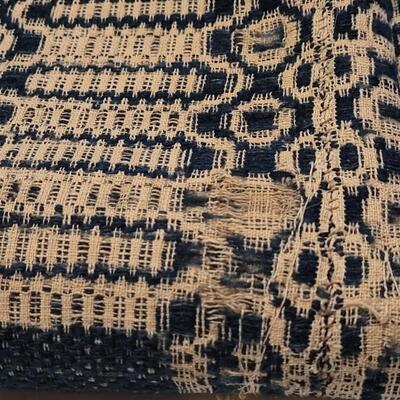 Lot 140: Antique 19th Century Dark Blue and Aged White Jacquard Coverlet