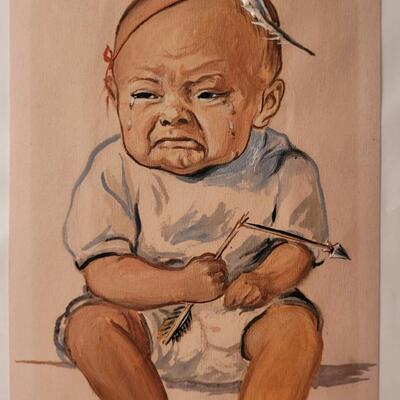 Lot 142: Vintage Crying Indiginious People Baby w/ Arrow Original Art Painting