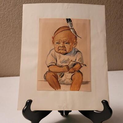 Lot 142: Vintage Crying Indiginious People Baby w/ Arrow Original Art Painting