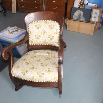 Antique Solid Mahogany Upholstered Cushion Hand Carved Rocker/Rocking Chair