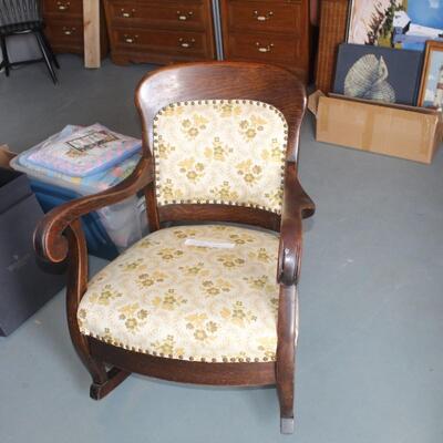 Antique Solid Mahogany Upholstered Cushion Hand Carved Rocker/Rocking Chair