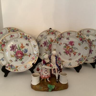 N651 Set of Five Dresden Plates with Figural Match Holder