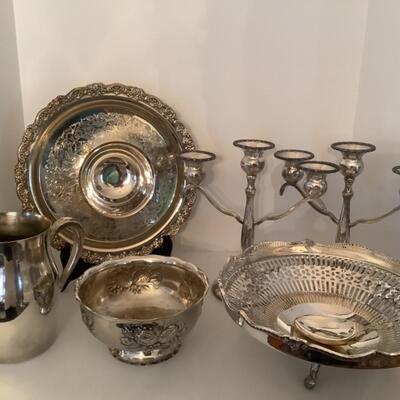 H666 Silverplate 7 pc. Candlesticks, Reticulated Bowl
