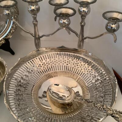H666 Silverplate 7 pc. Candlesticks, Reticulated Bowl