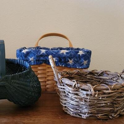 Lot 145: Vintage Basket Lot - Blue buttock basket, Woven Grapevine and County Woven Collection with Stars Liner