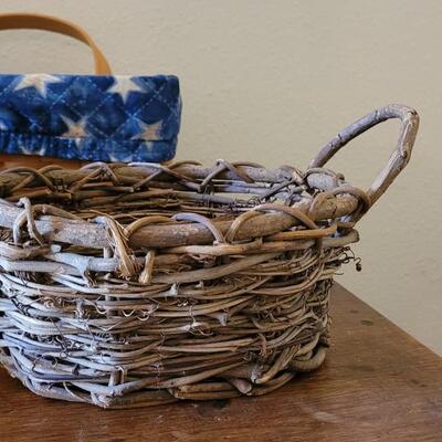 Lot 145: Vintage Basket Lot - Blue buttock basket, Woven Grapevine and County Woven Collection with Stars Liner
