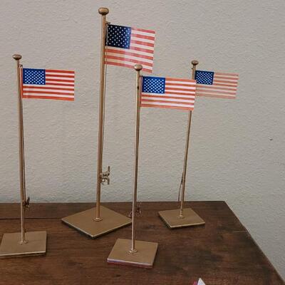 Lot 149: Vintage Red, White & Blue Wood Candleholder Stars and Vintage Miniature Metal Flag Poles with Paper Flags