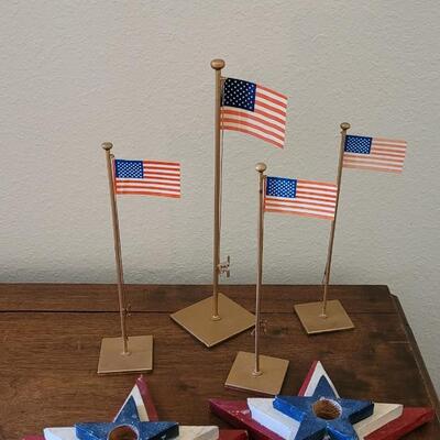 Lot 149: Vintage Red, White & Blue Wood Candleholder Stars and Vintage Miniature Metal Flag Poles with Paper Flags