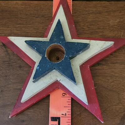 Lot 149: Vintage Red, White & Blue Wood Candleholder Stars and Vintage Miniature Metal Flag Poles with Paper Flags