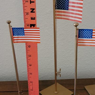 Lot 149: Vintage Red, White & Blue Wood Candleholder Stars and Vintage Miniature Metal Flag Poles with Paper Flags