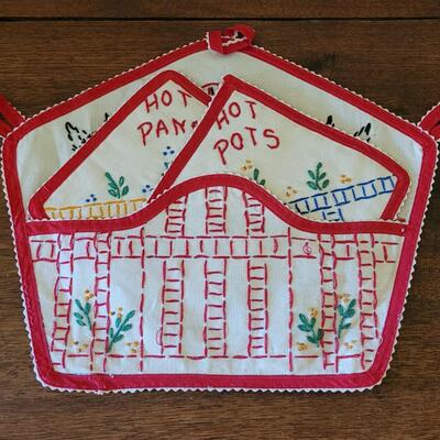 Lot 151: Vintage Needle Work Hot Pads and Holder