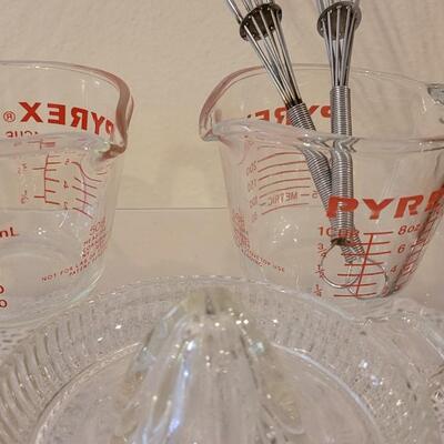 Lot 178: Contemporary Rossville, Ohio Pie Plate, Glass Juicer, Measuring Cups, Kitchen Utensils and Vintage Cookie Cutters