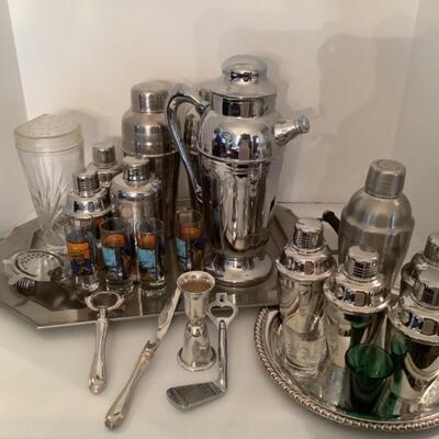 K687 Lot of Vintage Barware , Shakers, on Silverplate Tray