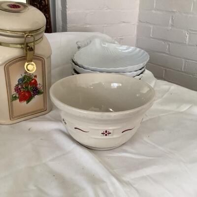 L714 Lot of Shell Plates and Jar with Longaberger Mixing Bowl