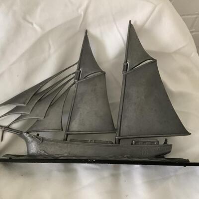 L729 Nautical Whitehall Pewter Sailboat with Wall Hanging
