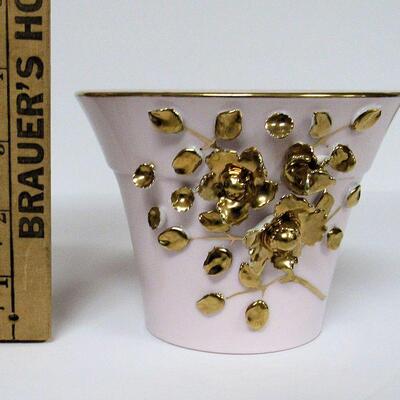 Vintage Lefton China Pink Vase With Applied Gold Floral Design