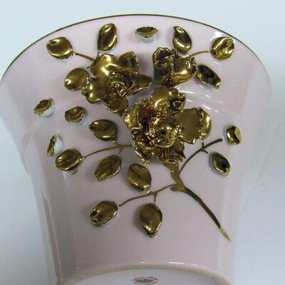 Vintage Lefton China Pink Vase With Applied Gold Floral Design