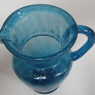 Vintage Blue Art Glass Style Pitcher, All Over Bubbles, Pontil on Bottom