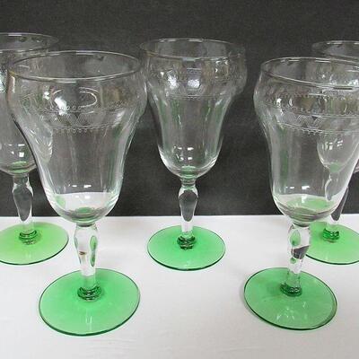 5 Vintage Etched Glass Goblets With Green Foot