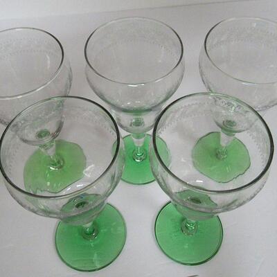 5 Vintage Etched Glass Goblets With Green Foot