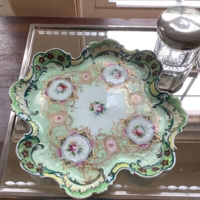 M750 Mirrored Tray with Handpainted Scalloped Dish and Dresser Jar
