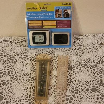 Lot 188: Taylor Wireless Indoor Outdoor Thermometer and (2) Rain Gauges