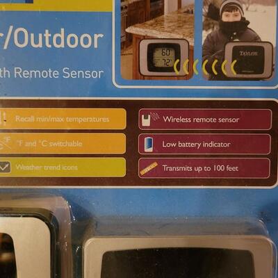Lot 188: Taylor Wireless Indoor Outdoor Thermometer and (2) Rain Gauges