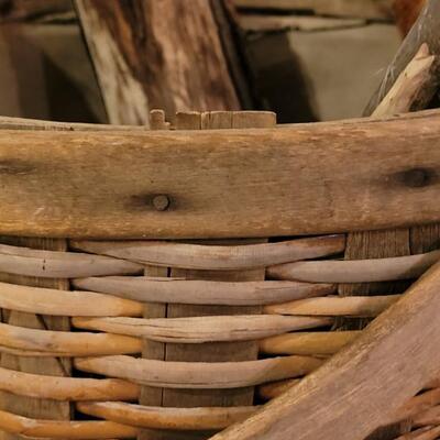 Lot 190: Antique Primitive Gathering Basket With Wood Handle & Rim