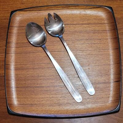 Lot 196: Mid Century Modern Teak Platter and Gense Stainless Serving Ware made in Sweden