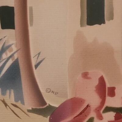 Lot 200: Vintage Print signed Dale - Woman walking by Houses