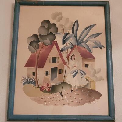Lot 200: Vintage Print signed Dale - Woman walking by Houses