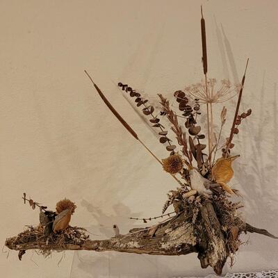 Lot 201: Vintage Wood with Dried Floral and Bird