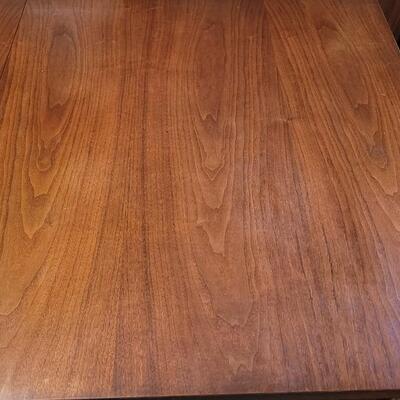 Lot 203: Mid Century Modern FOUNDERS American Walnut Dining Table with 2 Leaves and 4 Black Leather Seat Cane Back Chairs