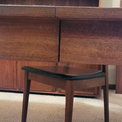 Lot 203: Mid Century Modern FOUNDERS American Walnut Dining Table with 2 Leaves and 4 Black Leather Seat Cane Back Chairs