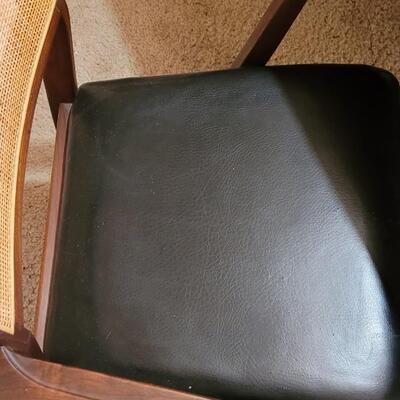 Lot 203: Mid Century Modern FOUNDERS American Walnut Dining Table with 2 Leaves and 4 Black Leather Seat Cane Back Chairs