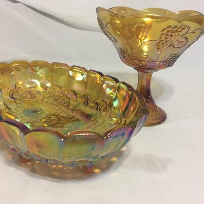 Vintage Amber carnival glass iridescent footed