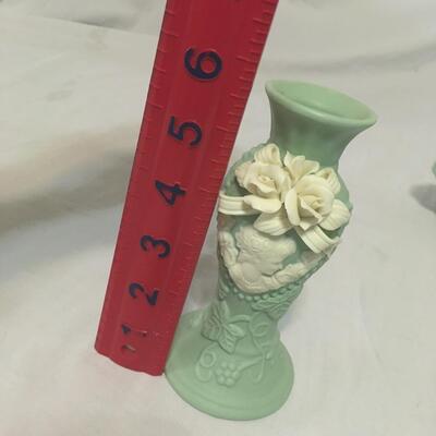 Vintage Victorian cameo candle stick green mint with roses antique