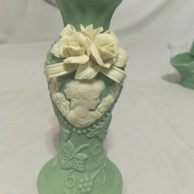 Vintage Victorian cameo candle stick green mint with roses antique