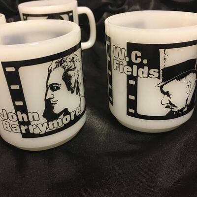 7-JEAN HARLOW - Rudolph Valentino -white glass vtg mug CLARA BOW film-strip milk cup 1950s Hollywood